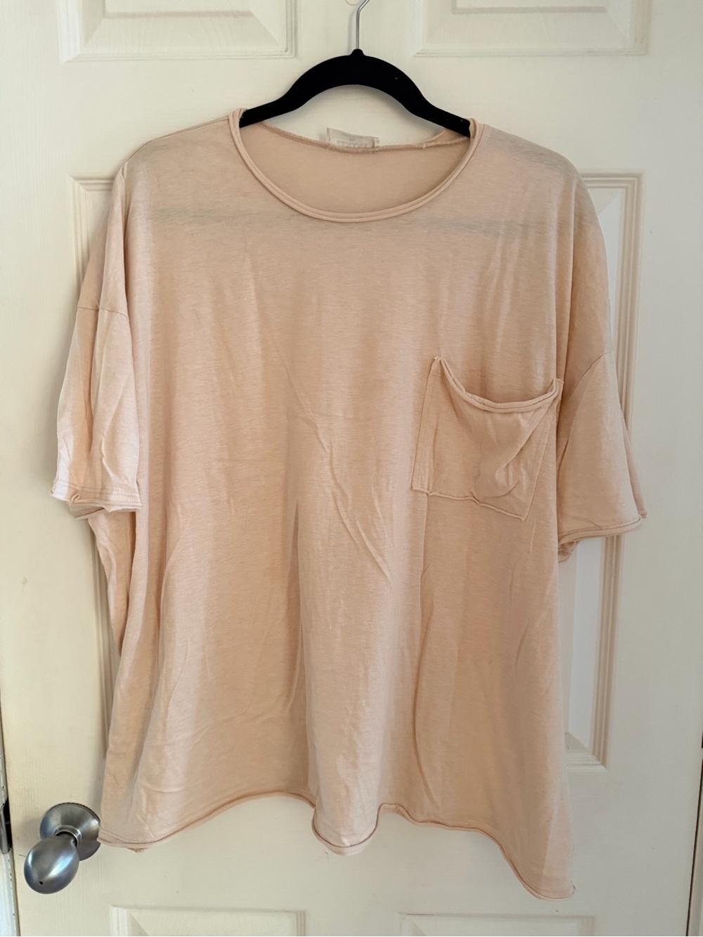 Zenana Oversized Boyfriend Tee W/Pocket and Raw Hems- XL- Beige/Cream